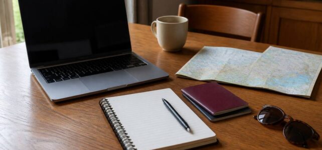 Laptop en notitieboekje met vakantieplanning op tafel