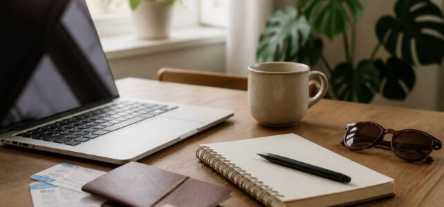 Laptop en notitieboekje met vakantieplanning op tafel