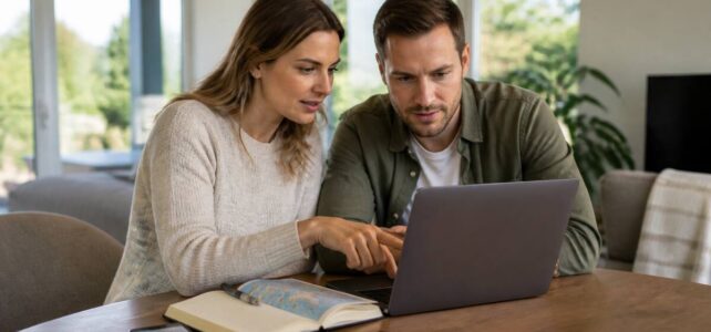 Koppel dat via een laptop reisopties vergelijkt met paspoorten en reisnotities op tafel