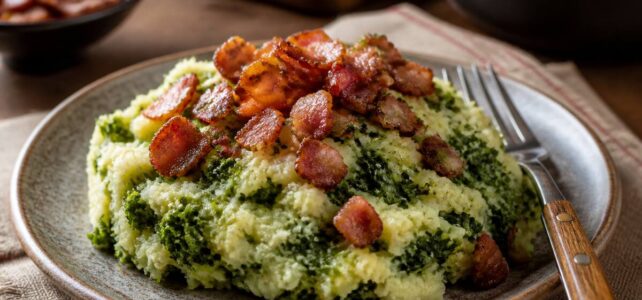 Stamppot op een bord met smeuïge puree en groente, met een vork ernaast