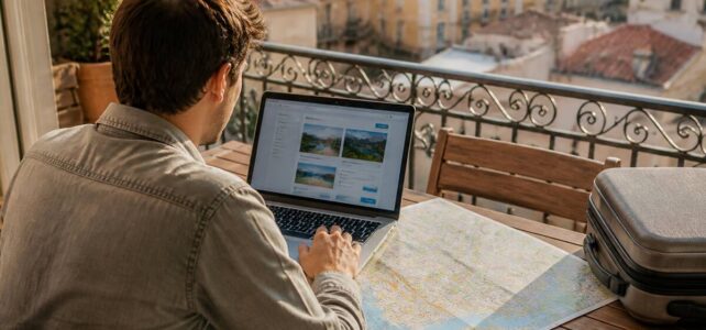 Iemand die op een laptop reisopties vergelijkt tijdens het plannen van een vakantie